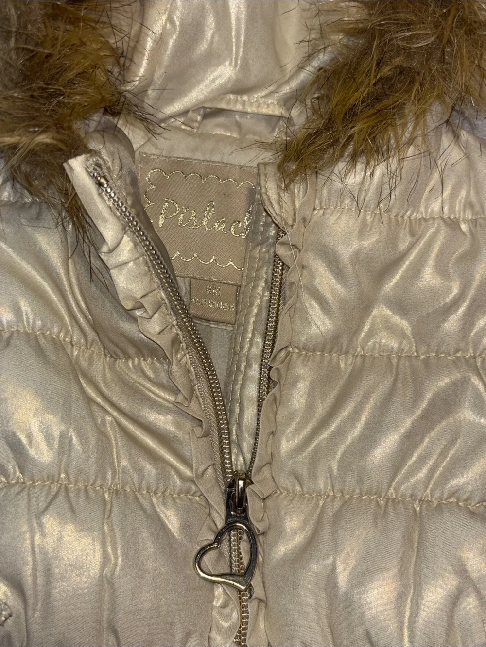 Metallic Cream Hooded Puffer Jacket with Faux-Fur Trim for Kids